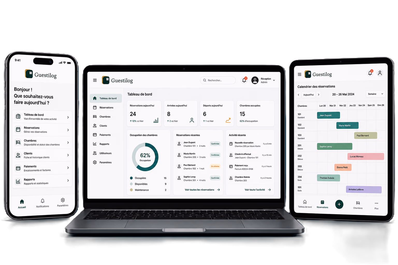 Aperçu de l'application GuestiLog sur mobile, ordinateur et tablette